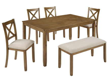 6 Piece Dining Table Set, Large Rectangular Table With Upholstered Bench & 4 X - Back Chairs, Kitchen Furniture - Oak