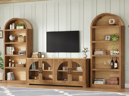 3 Piece TV Stand Set With Bookshelf With Arched Design For Living Room - Brown