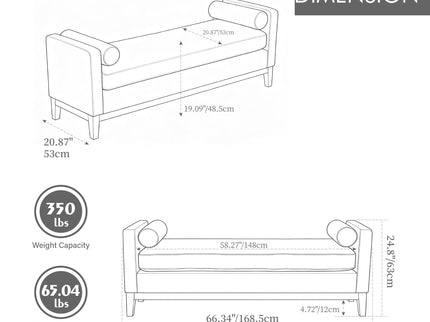Upholstered End Of Bed Bench With Arms & 2 Bolsters For Bedroom