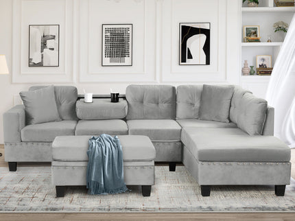 Modern Sectional Sofa With Storage Ottoman, L - Shape Couch With 2 Pillows And Cup Holders