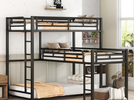 L-Shaped Triple Twin Size Bunk Bed, Industrial Design With Integrated Ladder And Full Length Guardrails - Black