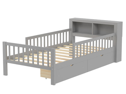 Bed With Headboard Storage Rack, 2 Under Bed Drawers, 3 Side Guardrails For Safety