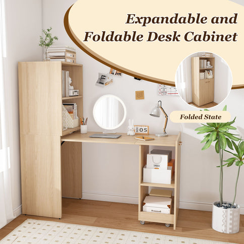 Stretchable Office Desk With Storage Shelves And Mobile Wheels
