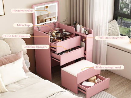 Flip Mirror Vanity Desk With Adjustable LED Lights & Stool For Bedroom