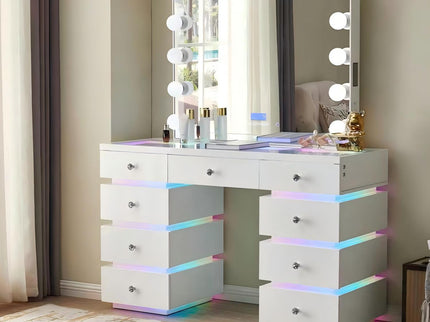 LED Lighted Makeup Vanity Desk With 15 Bulbs Mirror, RGB Light Drawers, 9 Drawers Dressing Table For Bedroom - Gloss White