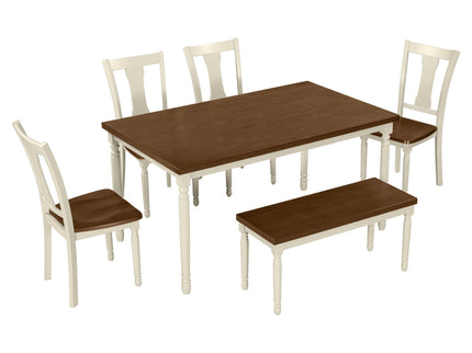 6 Piece Dining Set Classic Wooden Table And 4 Chairs With Bench For Kitchen Dining Room - Brown / Cottage White