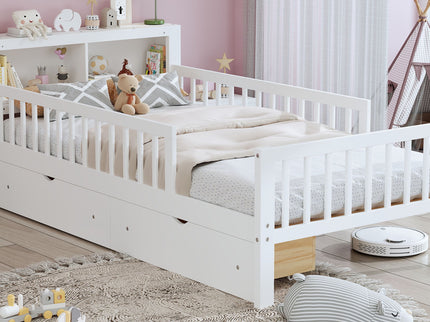 Bed With Headboard Storage Rack, 2 Under Bed Drawers, 3 Side Guardrails For Safety