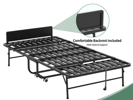 Twin Folding Bed With Adjustable Headboard, Memory Foam For Tall People, Heavy-Duty Portable On Wheels, Easy Assembly - Black