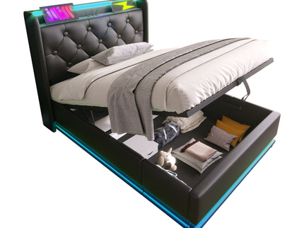 Upholstered Bed, 360 Surround LED Function, Remote Control, Hydraulic Storage Bed With USB, Type-C Charging (Without Mattress)
