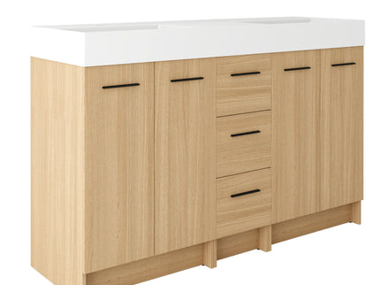 Double Sink Bathroom Vanity With 3 Drawers, Large Storage, Integrated Sink, Freestanding Cabinet, Soft Close Hardware - Glossy White / Light Oak