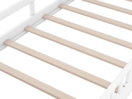 Wood Platform Bed With Built In LED Light, Storage Headboard And Guardrail
