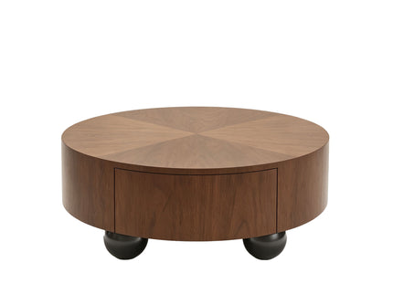 Drum Shaped Coffee Table With Hidden Storage Drawer, Low Profile For Living Room - Walnut