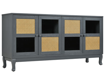 Retro Industrial 4 Door Sideboard With Large Storage, Rattan And Glass Doors