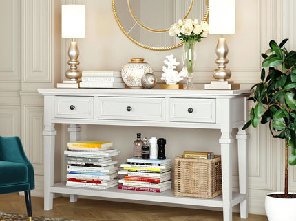 Classic Retro Style Console Table With 3 Top Drawers And Open Style Bottom Shelf - Antique White