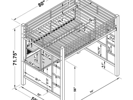 Ranier - Full Workstation Loft Bed, Full Length Desk, Safety Rails And Storage Shelves - Black