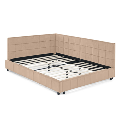 Mid-Century Storage Upholstered Tufted Bed Frame With Backrest And Armrests