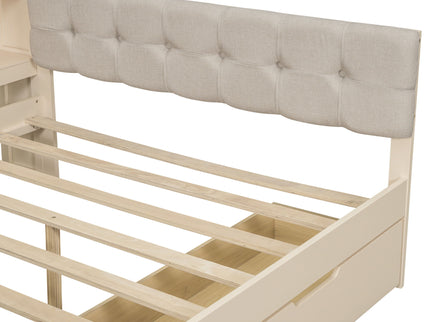 Upholstered Headboard Platform Bed With Storage Shelves, Drawers, Charging Station