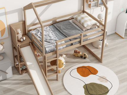 House Loft Bed With Slide, Storage Shelves And Light, Climbing Ramp