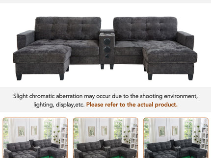 Modern Sectional Sofa U-Shaped With Movable Ottomans, tooth Speakers, LED Lights And Modular Storage