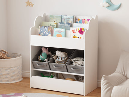 Bookshelf With Storage Bins And Drawer, Multi Functional Book Organizer For Toddlers - White