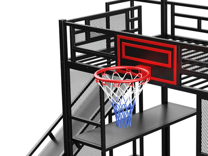 Loft Bed With Built In Desk, Open Wardrobe, Basketball Hoop, Slide And Staircase