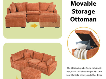 Convertible Sofa Bed Sectional Sofa Sleeper L-Shaped Sofa With A Storage Ottoman, Two Pillows, Two Power Sockets And Two USB Ports For Living Room