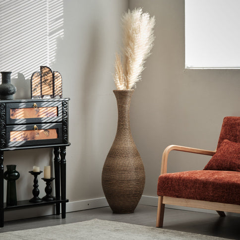 Tall Artificial Rattan Floor Vase In Elegant Statement Piece For Living Room Decor, Entryway, Or Hallway Versatile Home Accent For Dried Or Silk Floral Arrangements - Beige / Gray