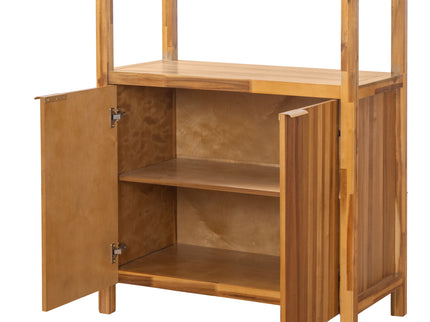 Tall Storage Bookcase Cabinet With 2 Open Shelves & Double Doors, Freestanding Shelving Unit - Natural