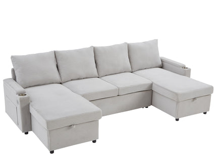 U Shaped Sectional Sofa Bed With Storage Chaise Lounges, USB Ports, And Cup Holders