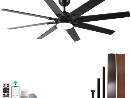 Large Ceiling Fans With Lights And Remote, Indoor / Outdoor Modern Ceiling Fan For Kitchen Living Room Patio, 6 Speed Reversible Quiet DC Motor, Dual Finish 8 Blades - Black