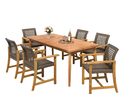 7 Piece Patio Dining Set, Slatted Table & 6 Chairs For Patio Garden - Mocha / Teak