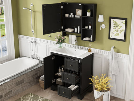 Bathroom Vanity With Sink, Modern Elegant Bathroom Storage Cabinet With 3 Drawers And Adjustable Shelves, Freestanding Vanity Set With Mirror Cabinet, Single Sink Bathroom Vanity