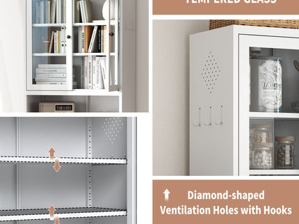 Kitchen Pantry Cabinet Tall Storage With Adjustable Shelves, Heavy Duty Stainless Steel Frame - White