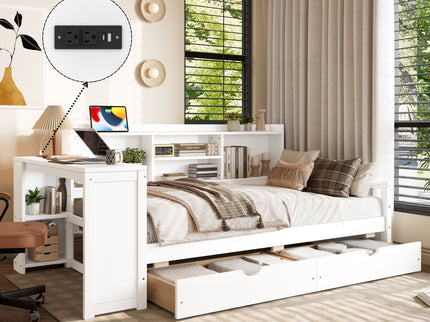 Corner Daybed With Storage Drawers, Desk, Charging Port & Bookcase