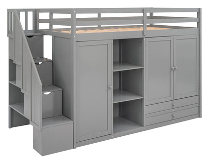 Loft Bed With 3 Shelves, 2 Wardrobes, 2 Drawers, Ladder Storage