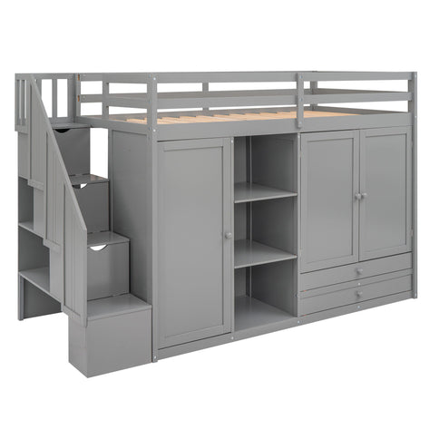 Loft Bed With 3 Shelves, 2 Wardrobes, 2 Drawers, Ladder Storage