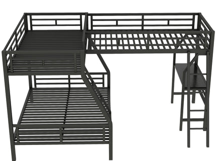 Twin Over Full Bunk Bed With Loft And Desk, L-Shaped Design For 3 Sleepers - Black