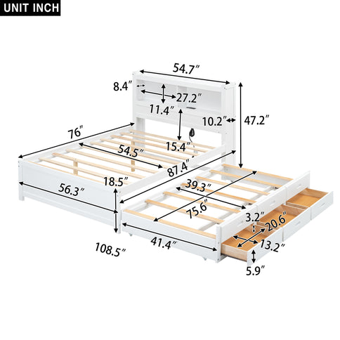 Full Size Platform Bed With Trundle, Drawers, USB Ports And Built In Shelves - White