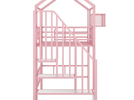 Metal Loft Bed With Roof Design And Storage Box With Guardrails And Integrated Ladder