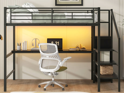 Full Size Loft Bed With Desk, Storage Staircase, Small Wardrobe And LED Light - Black