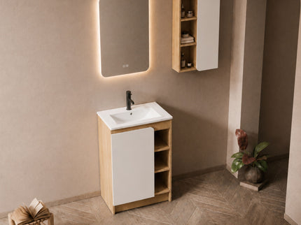 24" Bathroom Vanity With Sink & Wall Mounted Side Cabinet, Vanity Set With Thin Edge Sink, Interchangeable & Door Panels, Open & Hidden Storage - Black / Light Oak / White
