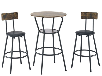 Rustic Brown Round Bar Table And Stool Set With Shelf, Upholstered Stool With Backrest - Antique Brown