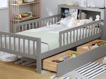 Bed With Headboard Storage Rack, 2 Under Bed Drawers, 3 Side Guardrails For Safety
