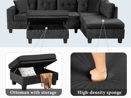 Modern Sectional Sofa With Storage Ottoman, L - Shape Couch With 2 Pillows And Cup Holders