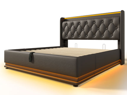 Upholstered Bed, 360 Surround LED Function, Remote Control, Hydraulic Storage Bed With USB, Type-C Charging (Without Mattress)