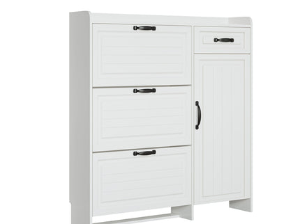 Shoe Cabinet With 4 Doors 1 Drawers, PVC Door With Shape, Large Space For Storage - White