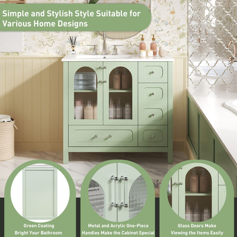 Bathroom Cabinet With Waffle Texture Doors, 4 Drawer Vanity With Soft-Closing Hinges And Glass Panels - Green