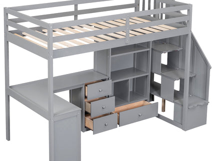 Loft Bed With L Shaped Desk, Drawers, Cabinet, And Storage Staircase
