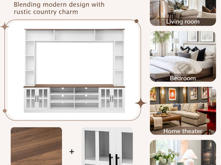 Wall Unit Entertainment Center With Bookshelves For TVs Up To 80", Tempered Glass Doors And Adjustable Shelves