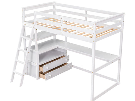 Modern Loft Bed With Built In Desk, Shelves, And 2 Drawers